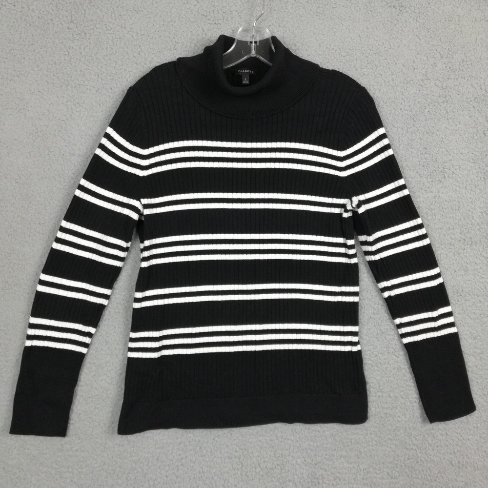 Talbots Womens Sweater‎ Turtleneck Black White Stripe Button Cuff Ribbed Knit L